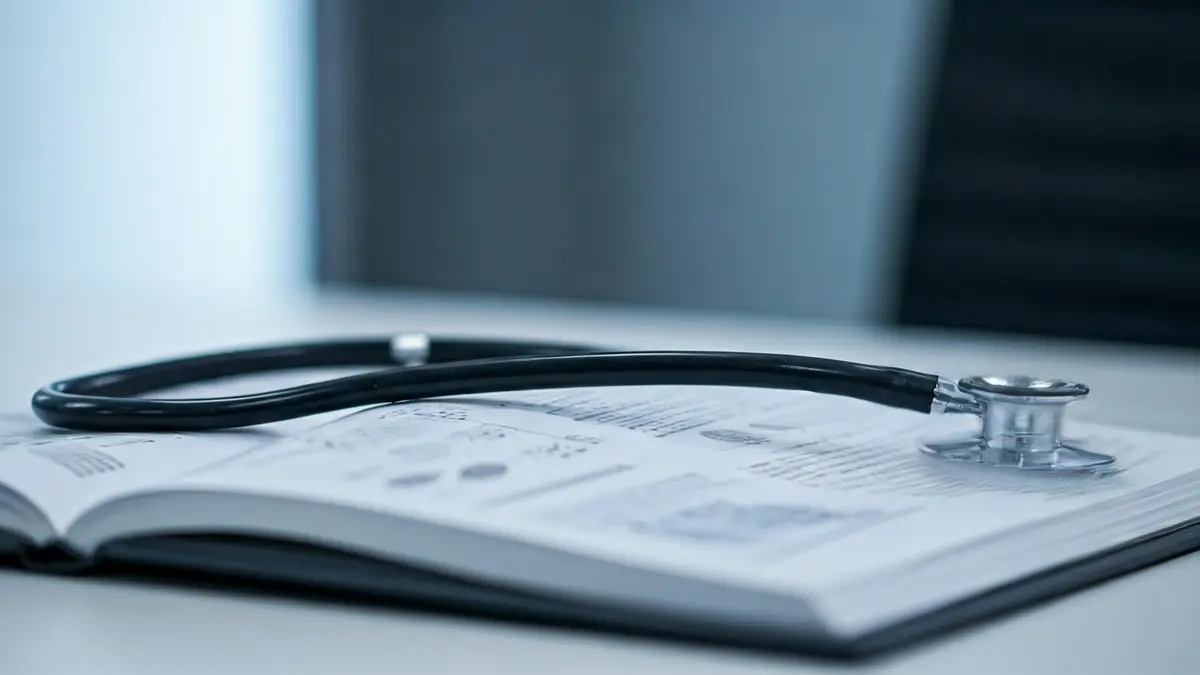 Generic image of an open medical textbook with a stethoscope, symbolizing medical research and training.