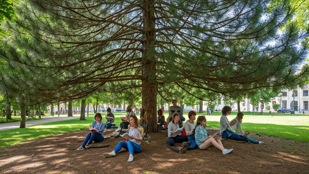 Imagen del cartel oficial de la Feria del Libro de Madrid, mostrando personas leyendo alrededor de un pino en el Parque del Retiro.