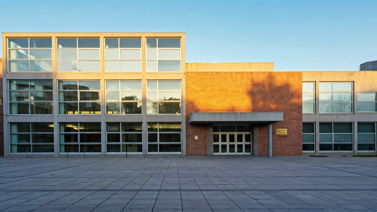 Fachada de un instituto moderno con una placa conmemorativa.