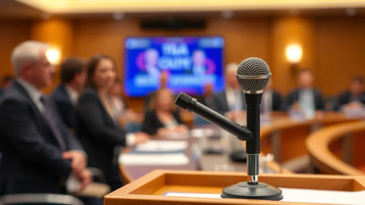 Imagen genérica de un micrófono en un podio durante una presentación.