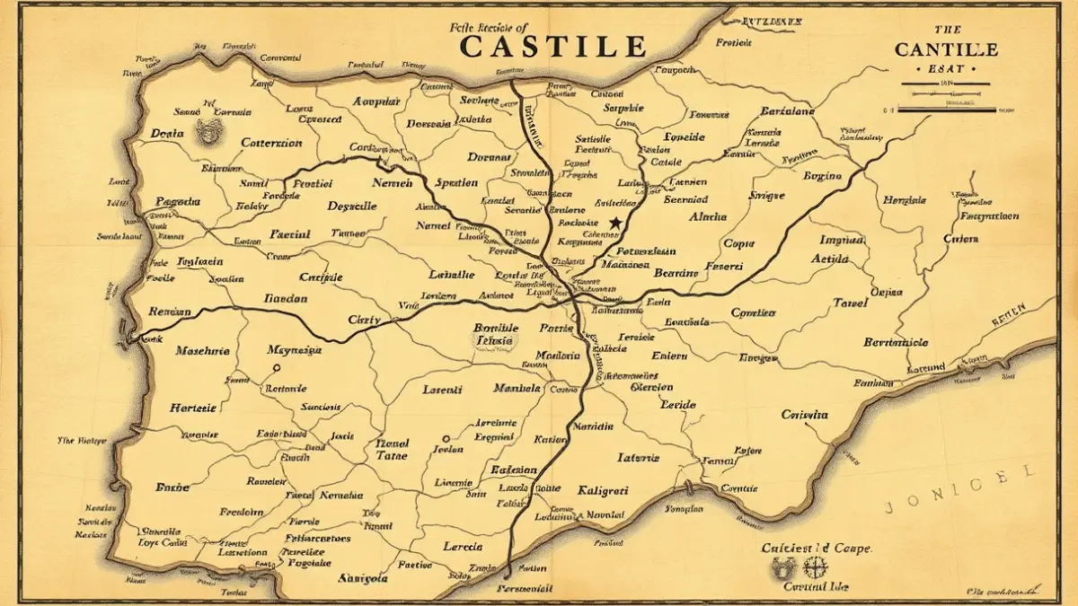 Image of a historical map of 16th century Castile, showing cities and rivers.