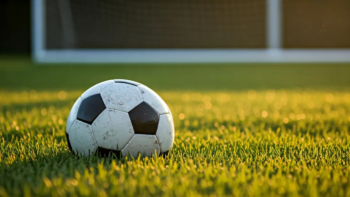 Generic image of a soccer ball on the grass, with a blurred goal in the background.