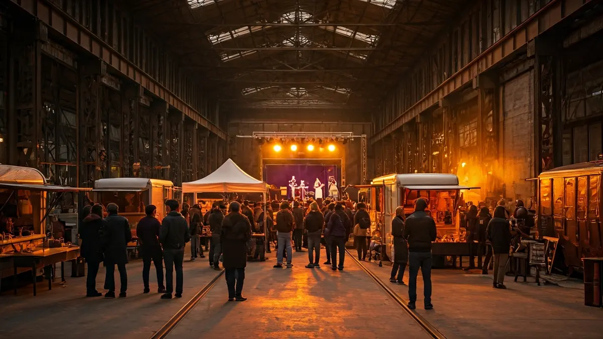 Imagen de un mercado al aire libre con food trucks y música en vivo.