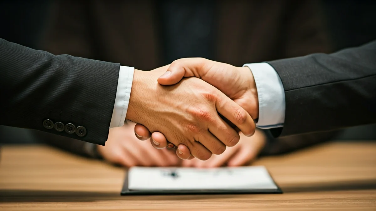Generic image of two people shaking hands in an office setting, symbolizing labor agreements or economic growth.