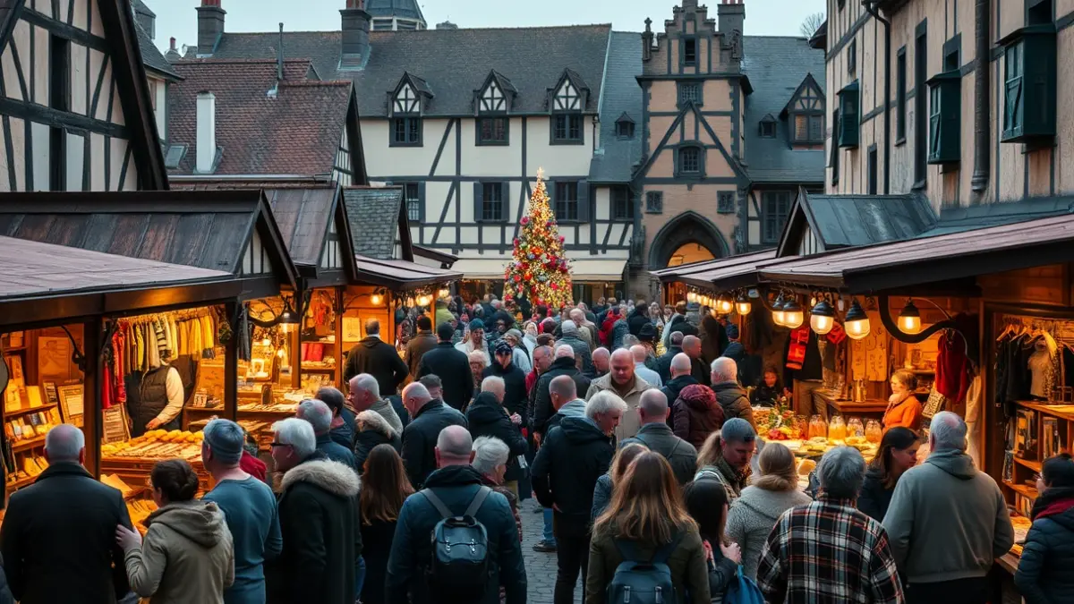 Imagen de un mercado medieval con puestos de artesanía y espectáculos.