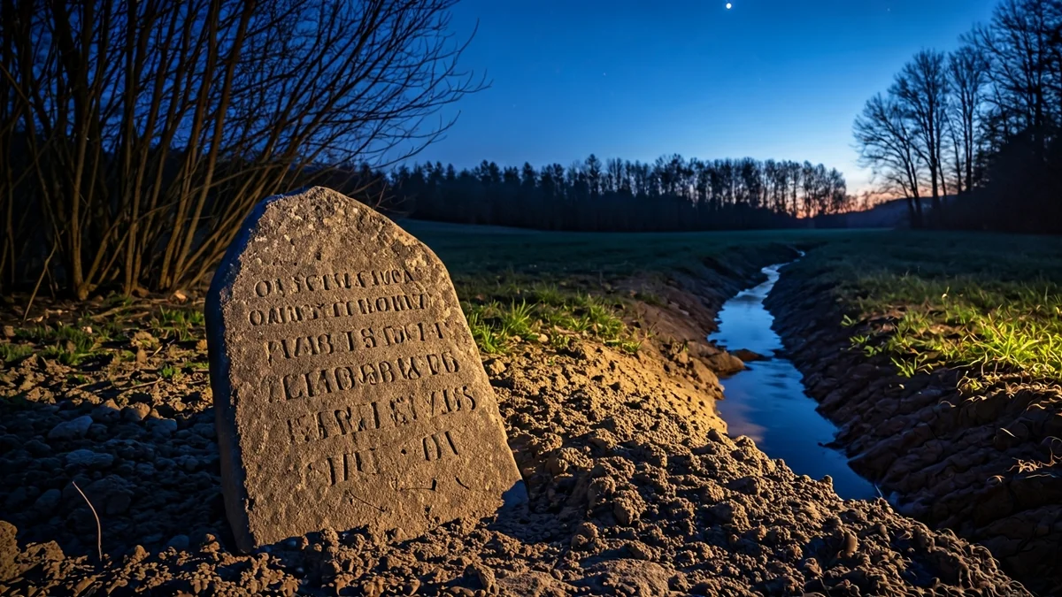 Imagen de una piedra antigua con inscripciones, parcialmente enterrada en tierra removida.