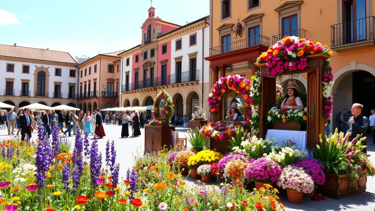 Image of El Molar's Plaza Mayor during the La Maya celebration, featuring floral altars and people in traditional costumes.