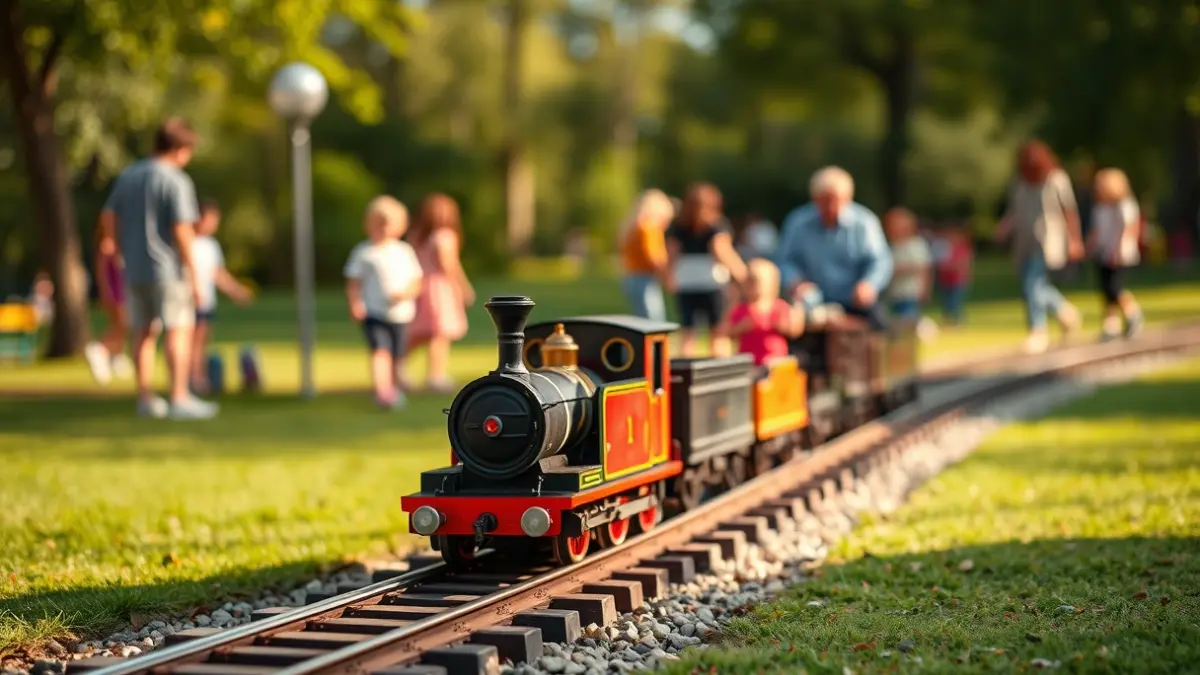 Imagen de un tren en miniatura en un parque, con familias difuminadas al fondo.