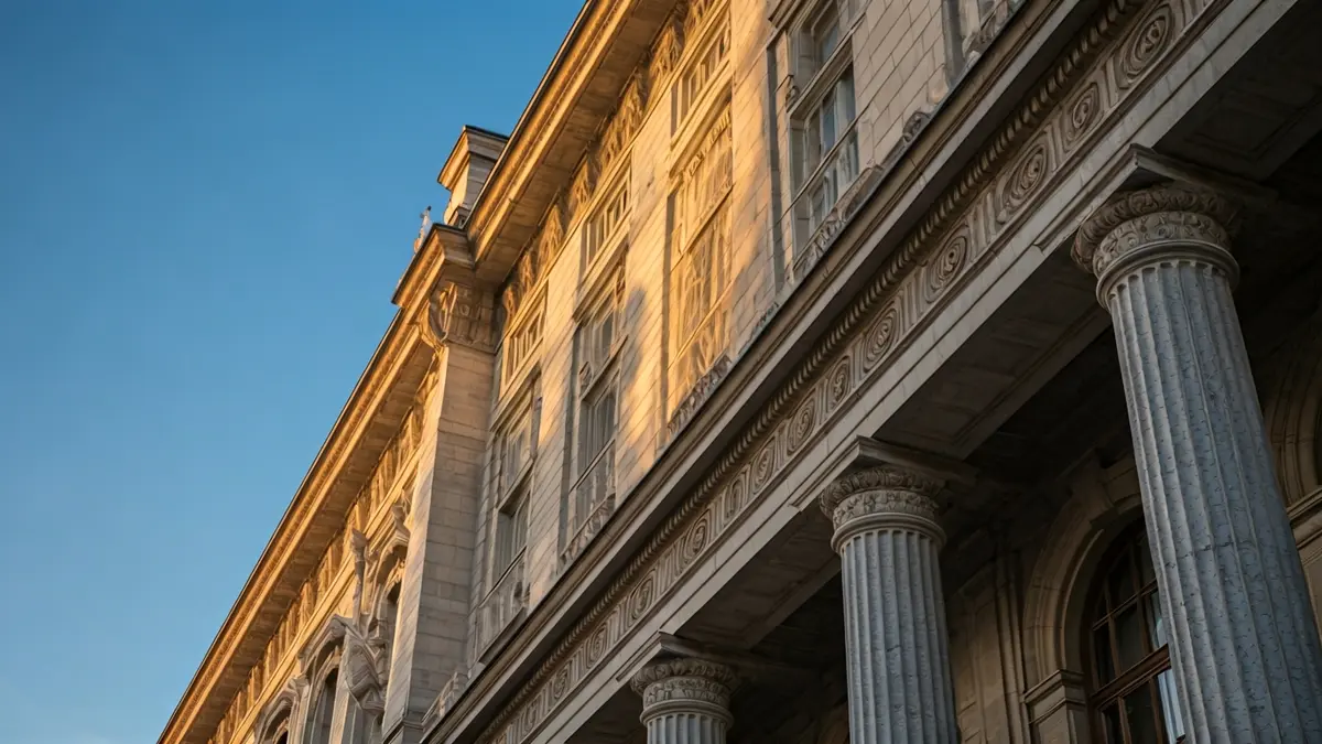 Fachada neoclásica del Museo del Prado en Madrid, con columnas dóricas y granito gris.