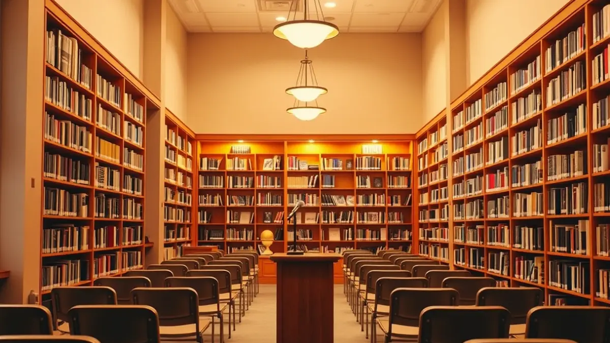 Generic image of a museum or exhibition hall interior with warm lighting.
