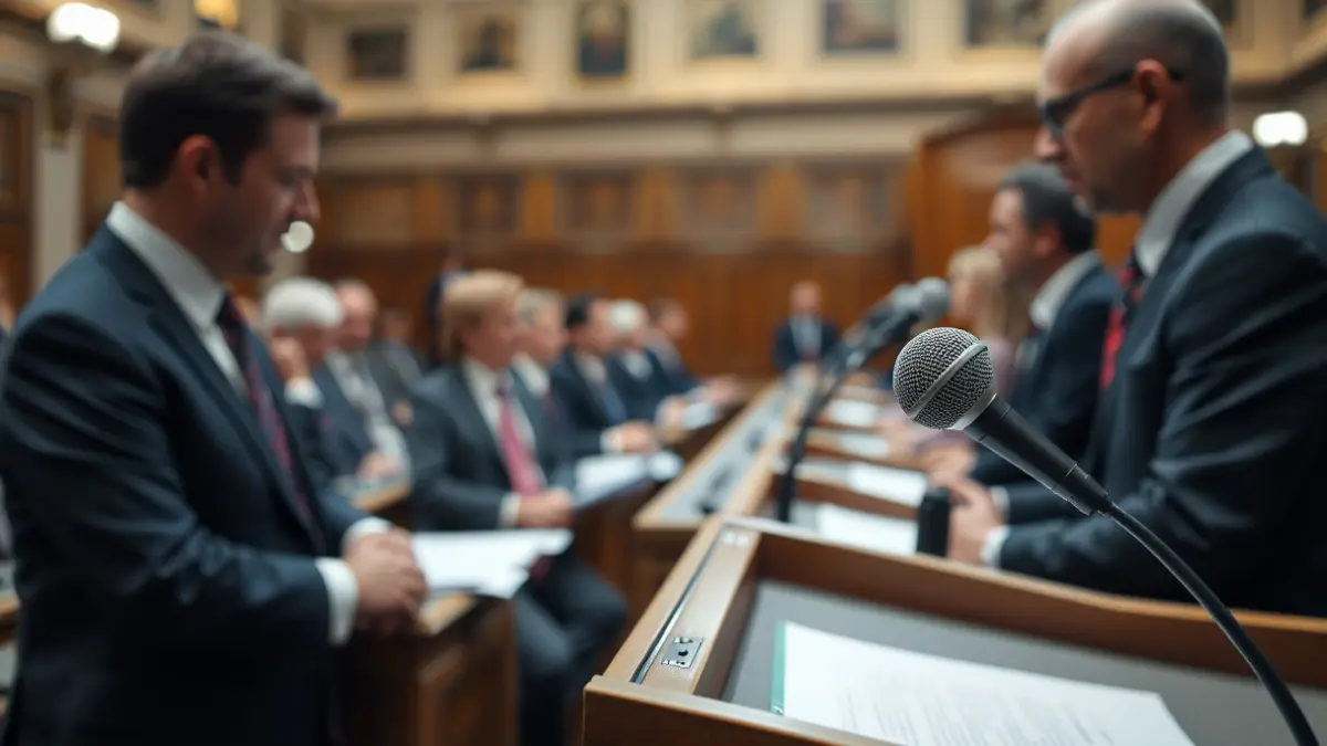 Generic image of a microphone on a podium in a parliament, symbolizing political debate.