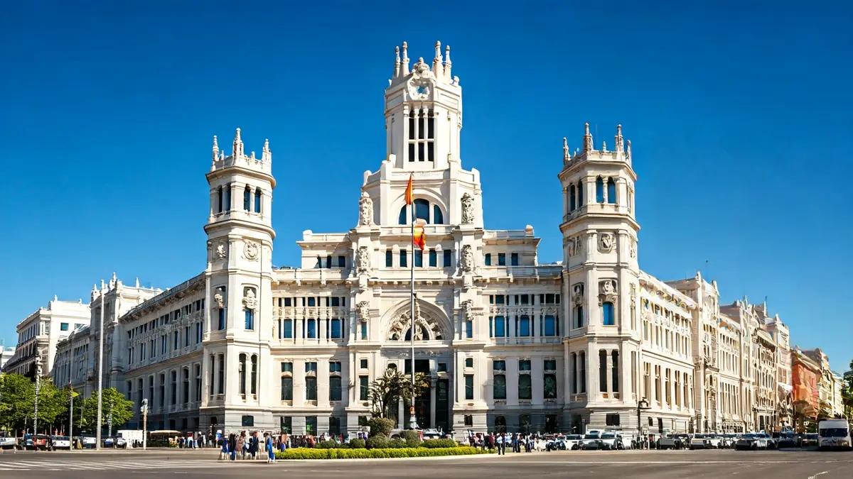 Fachada del Palacio de Cibeles, antigua sede de Correos y actual CentroCentro, en la Plaza de Cibeles de Madrid.
