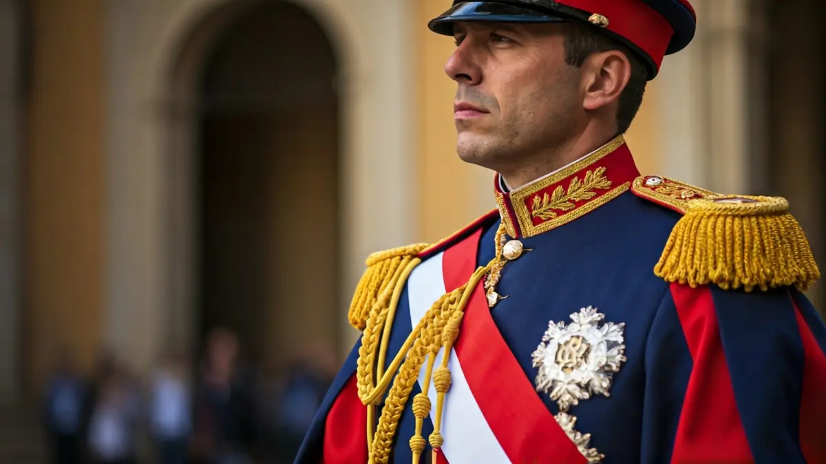 Detail of the Royal Guard's gala uniform, featuring red, blue, and white colors.