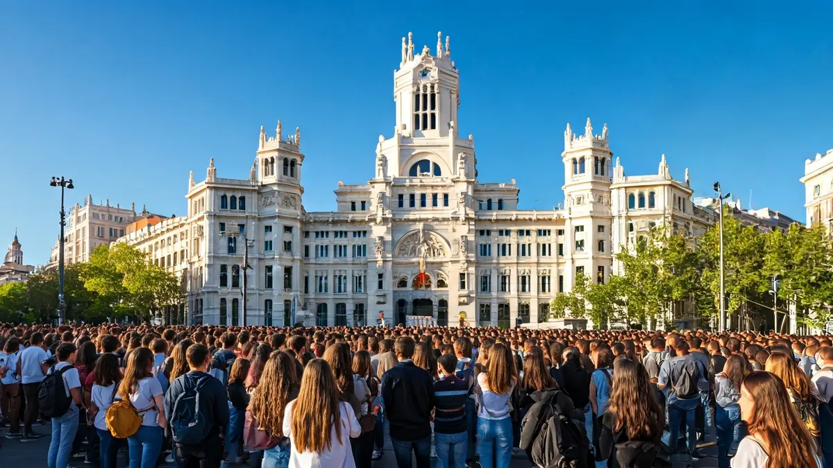 Imagen de la Plaza de Cibeles en Madrid con una multitud de jóvenes.