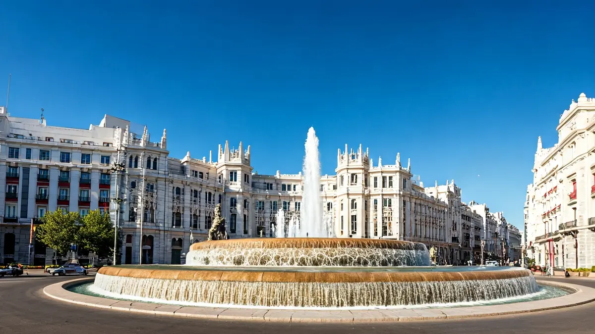 Vista de la Plaza de Cibeles en Madrid, con la fuente y edificios históricos.