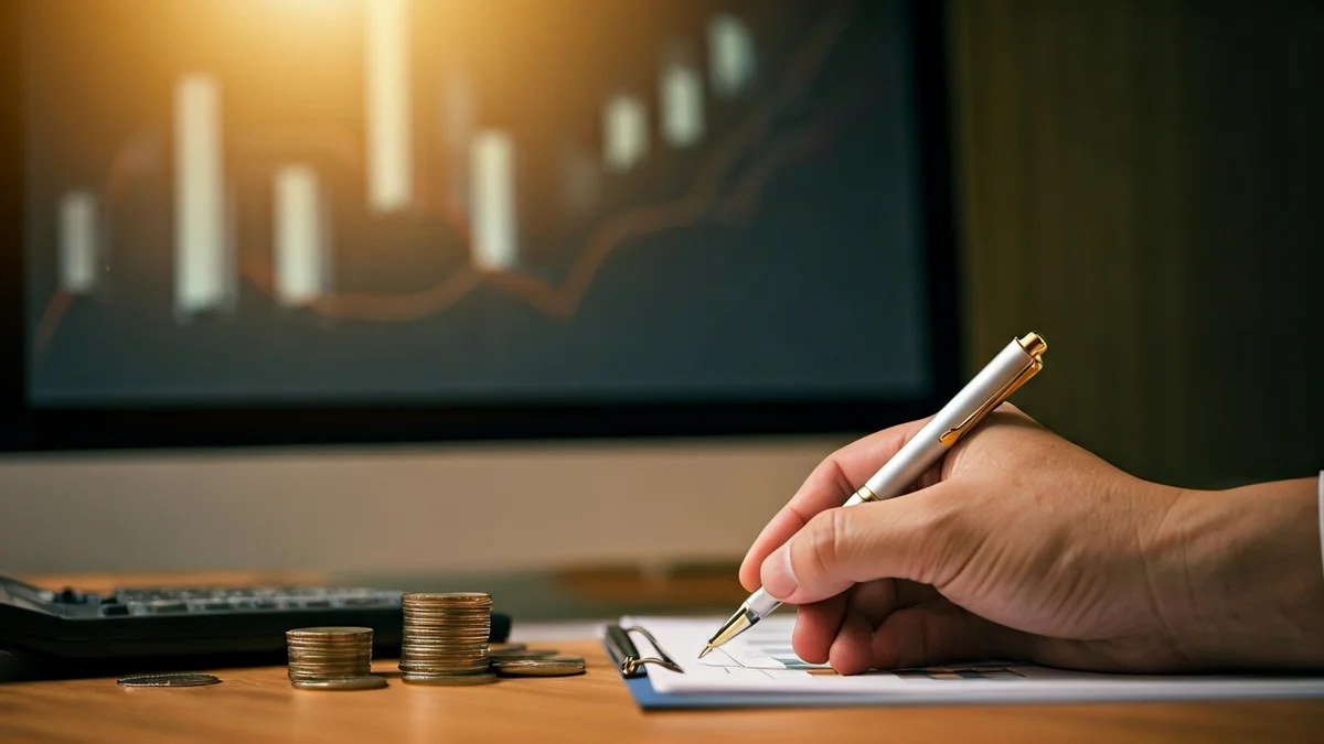 Generic image of a hand pointing at an upward bar graph on a computer screen, with a calculator and coins on a desk.