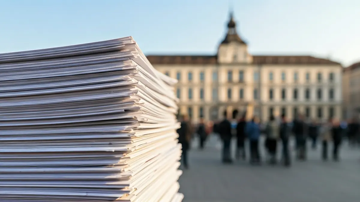 Documentos oficiales sobre una mesa con un edificio municipal al fondo.