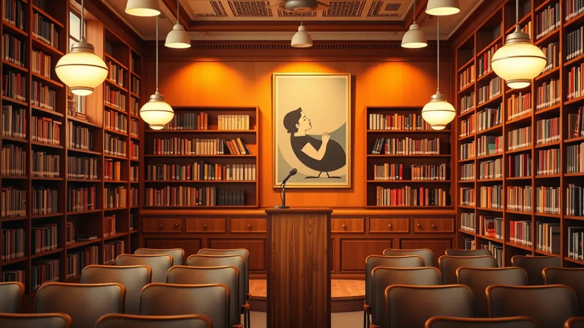 Image of a library with a lectern and chairs, and a vintage-style poster on the wall.