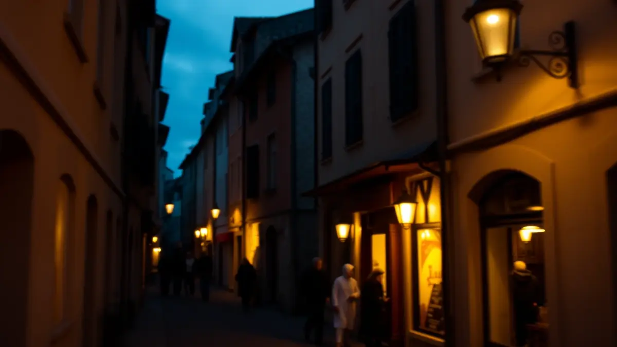 Nostalgic image of a narrow street in a European city at dusk.