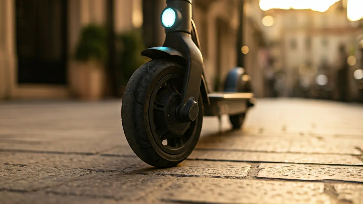 Imagen genérica de una rueda de patinete eléctrico en una acera de piedra, con luz cálida de atardecer.