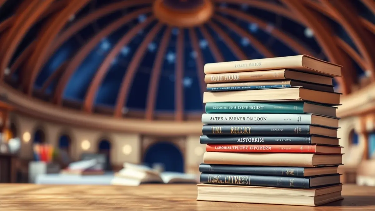 Books on a table with a planetarium in the background, symbolizing literature and astronomy.