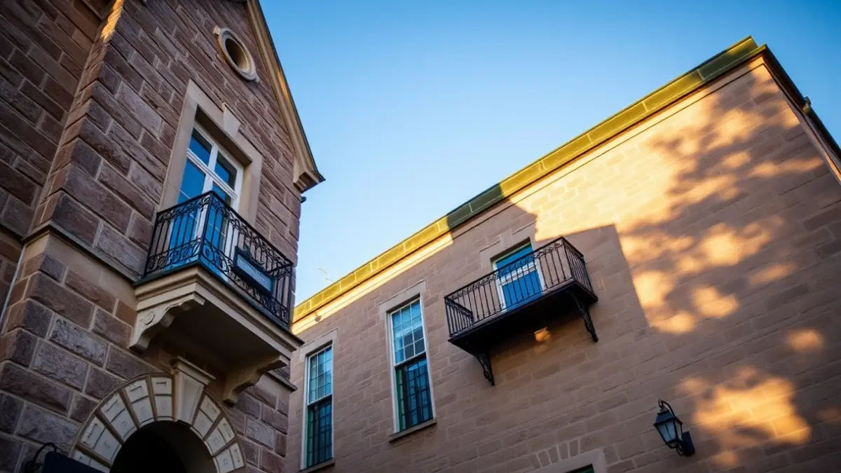 Fachada de un ayuntamiento con balcón y barandillas de hierro, bajo la luz del sol de la tarde.