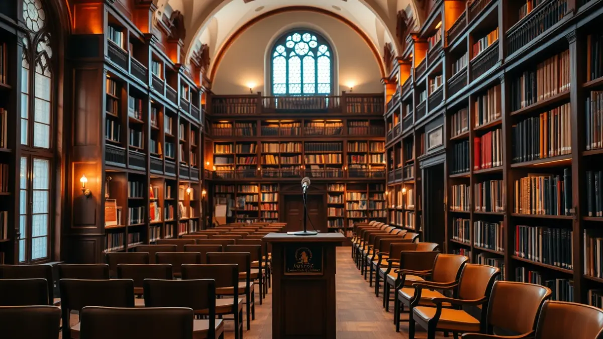 Generic image of a library interior with a microphone on a podium, symbolizing a podcast or cultural event.