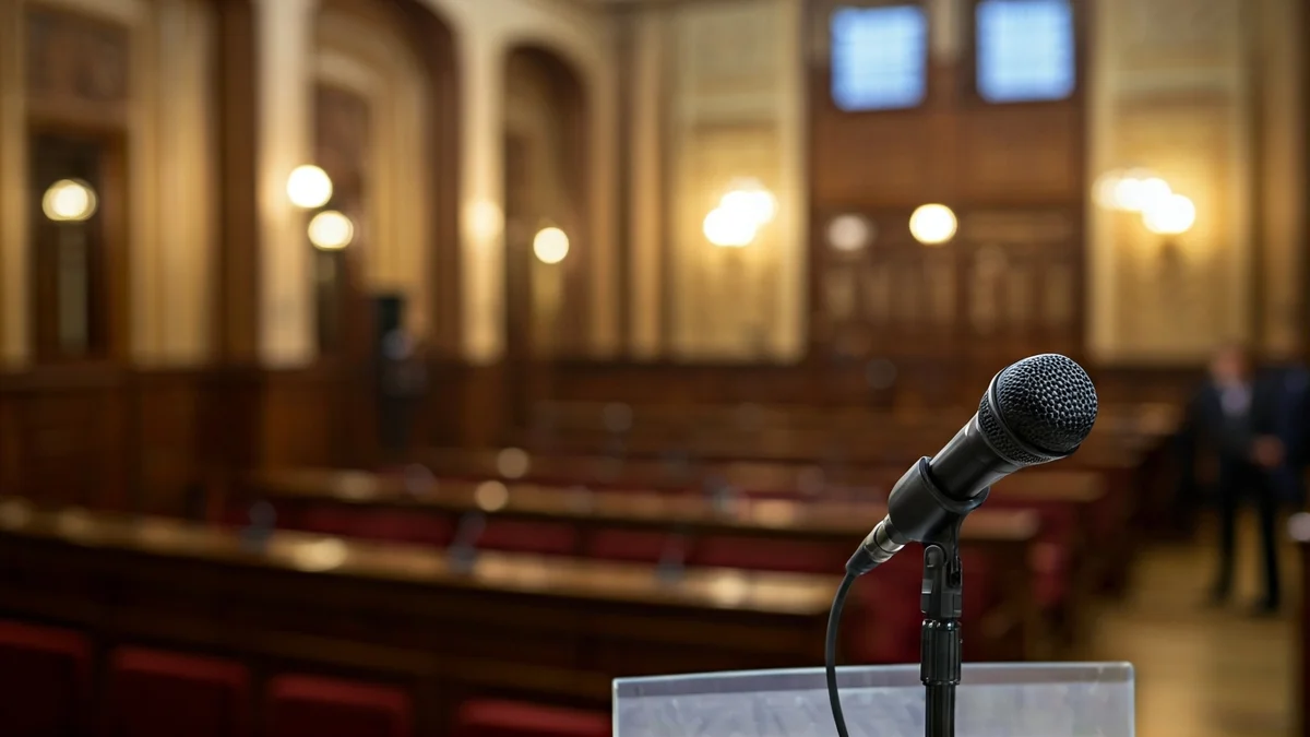 Generic image of a microphone on a podium in a municipal hall.