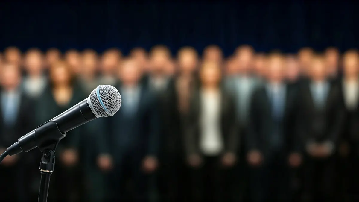 Generic image of a microphone on a podium, symbolizing a political speech.
