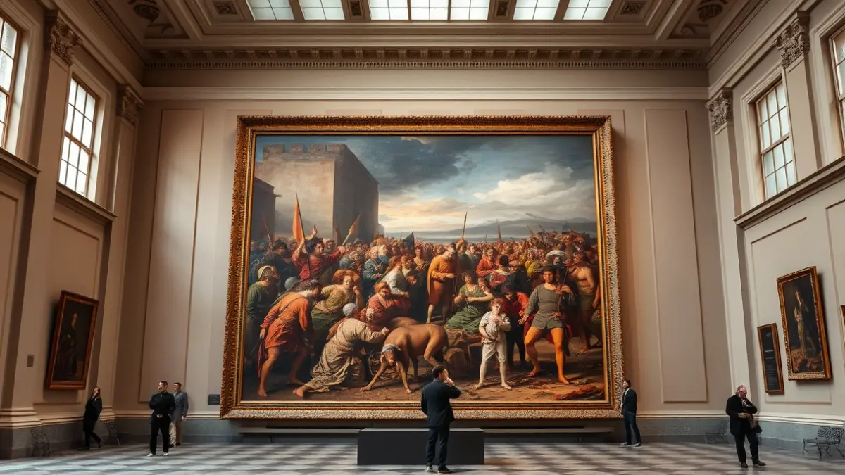 Image of a historical painting exhibited in a museum hall.