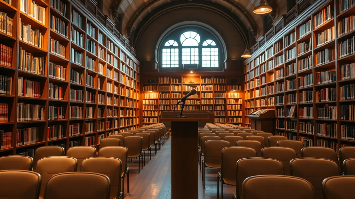Imagen genérica de un interior de biblioteca con estanterías de madera y un podio con micrófono.