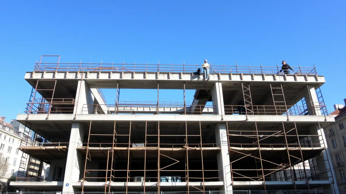 Image of an unfinished concrete structure, with scaffolding and exposed rebar, under a blue sky.