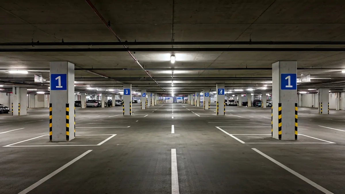 Generic image of a modern, empty underground parking lot.