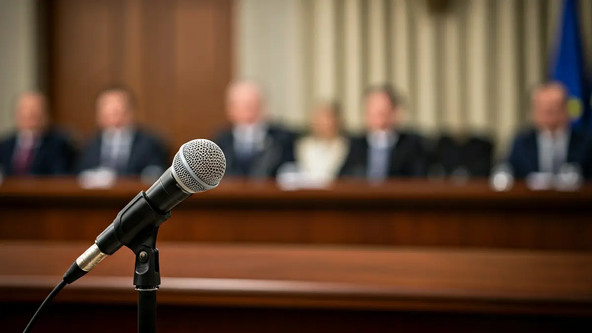 Generic image of a microphone on a podium, symbolizing a statement or judicial appearance.