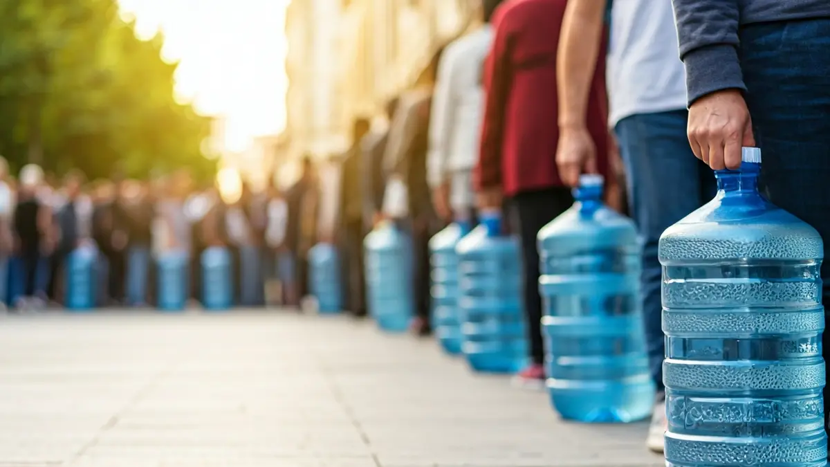 Image of people queuing to collect water at a distribution point.