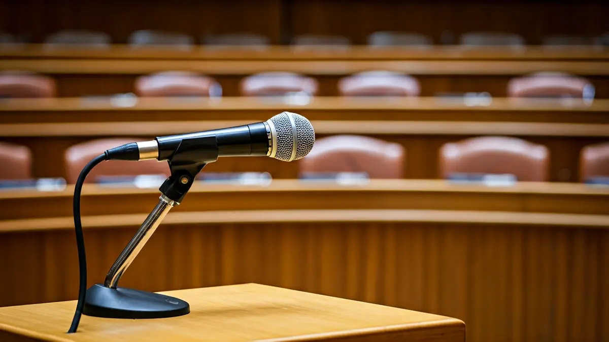 Generic image of a microphone on a podium in a meeting room, symbolizing political dialogue.