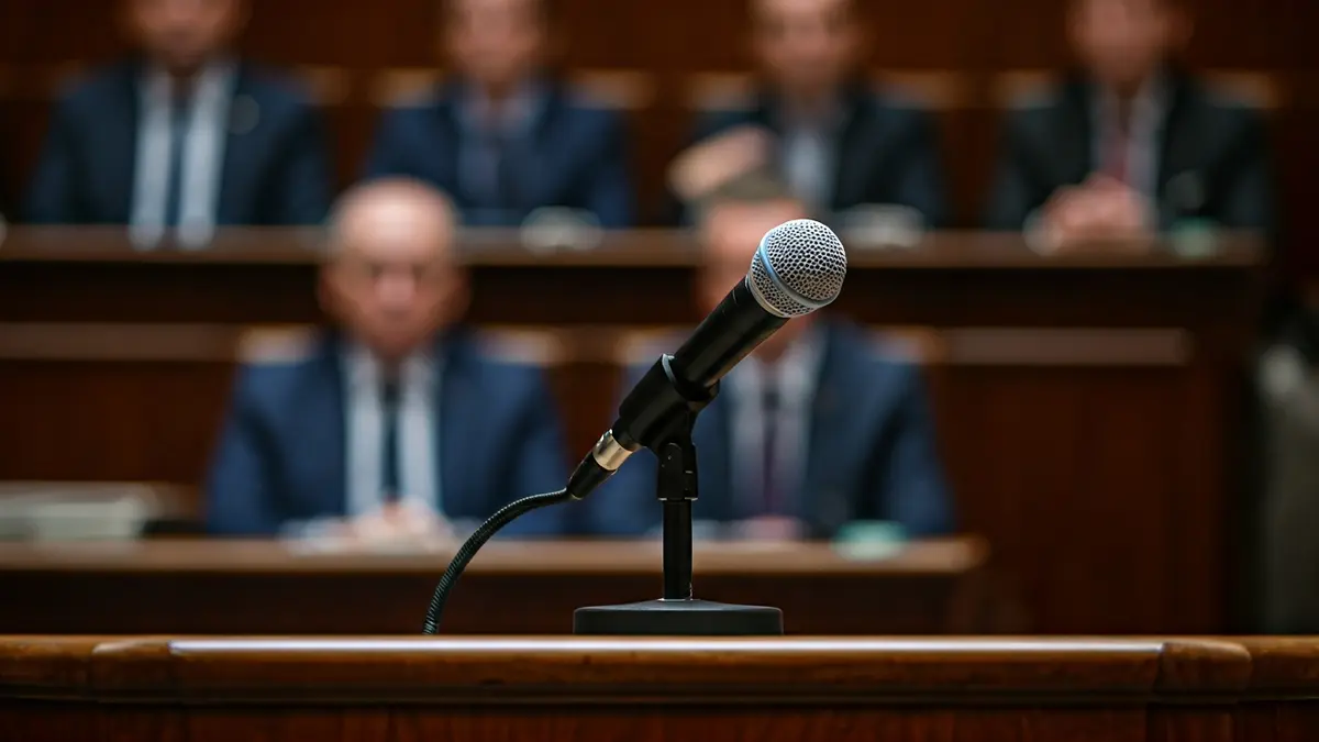 Generic image of a microphone on a podium, symbolizing a political debate.
