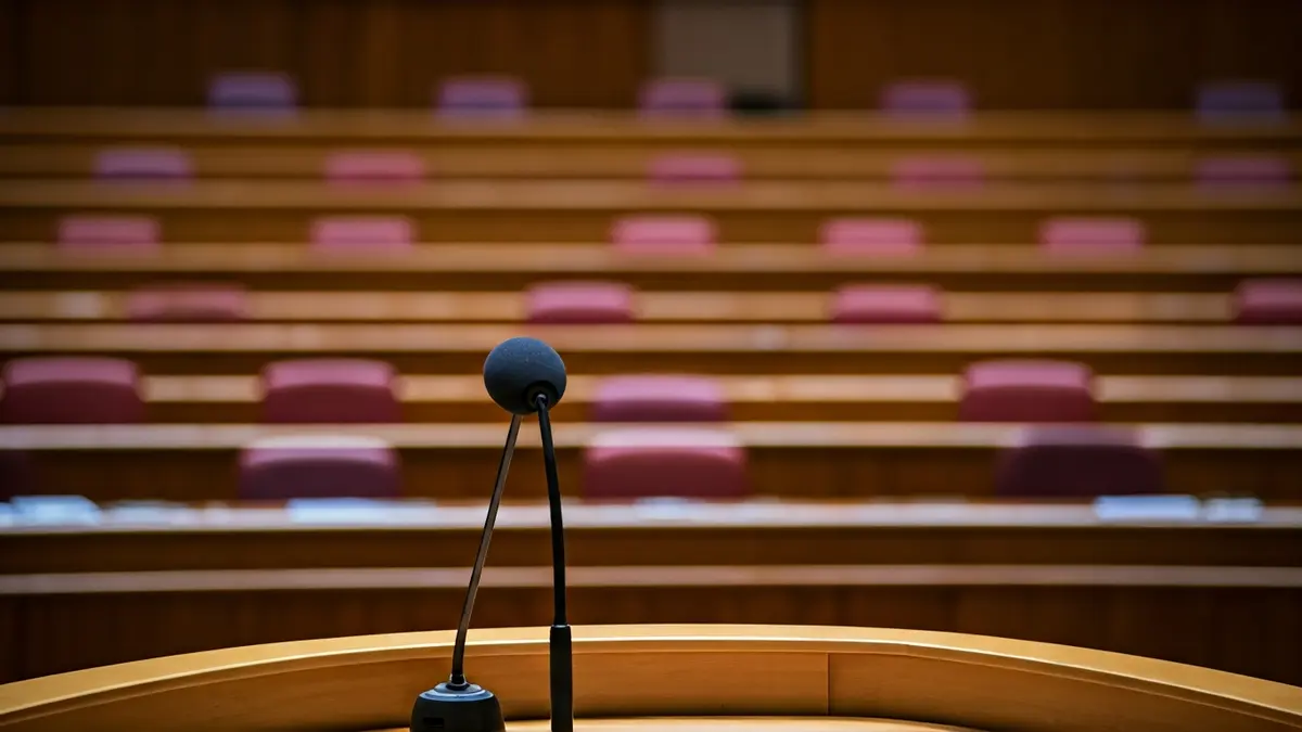 Generic image of a microphone on a podium in an assembly hall, symbolizing legislative debate.