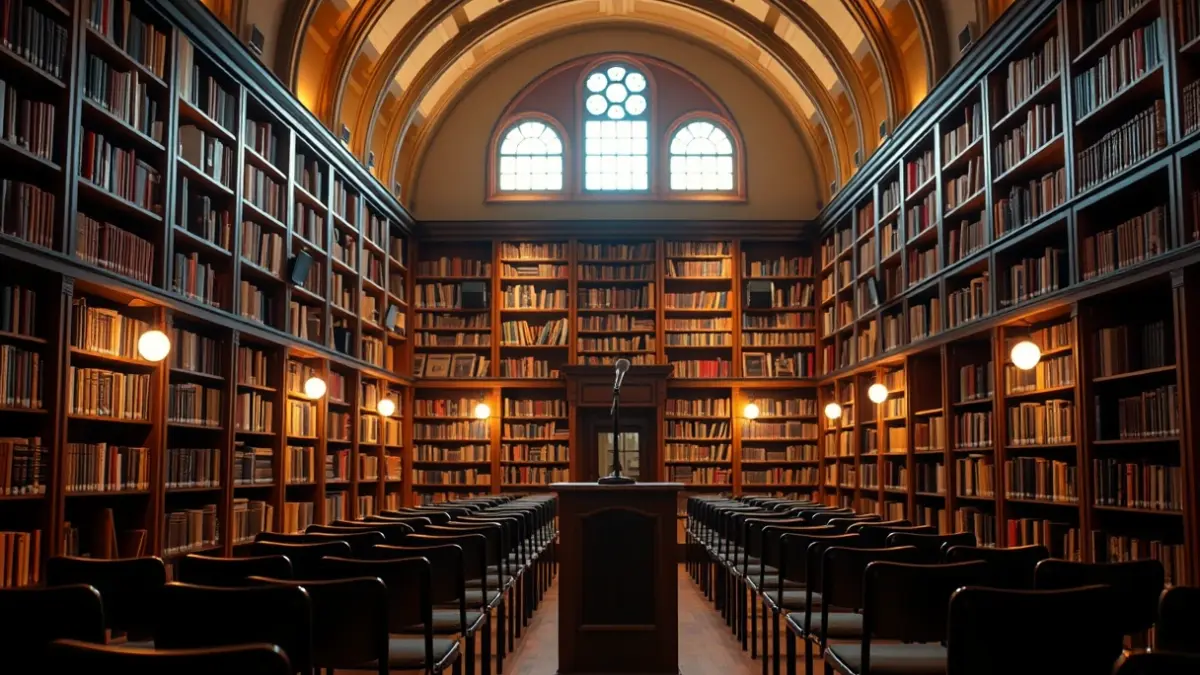 Imagen genérica de un interior de biblioteca con un micrófono en un podio, simbolizando un evento literario.