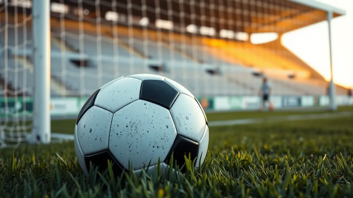 Generic image of a soccer ball on a field, with the goal in the background.