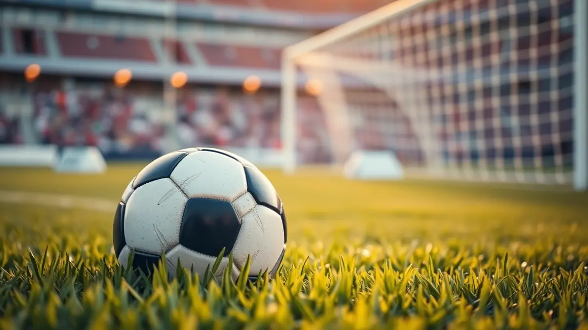 Generic image of a soccer ball on a field, with the goal in the background.