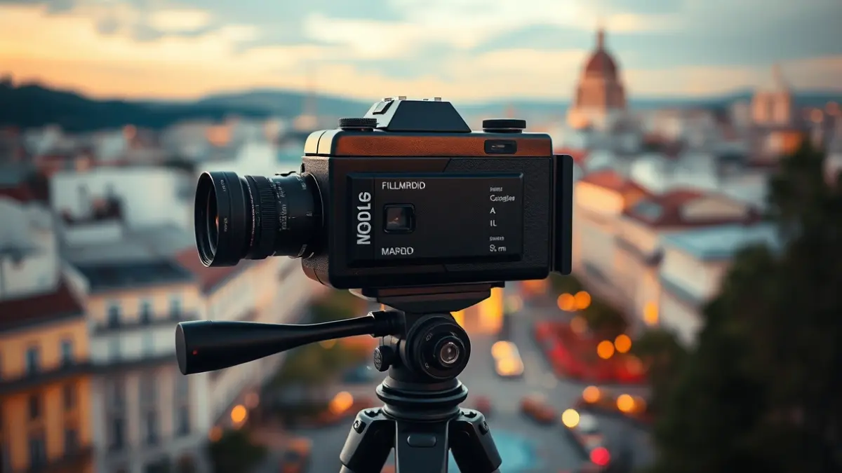 Cámara de cine antigua en un trípode con el horizonte de Madrid de fondo.