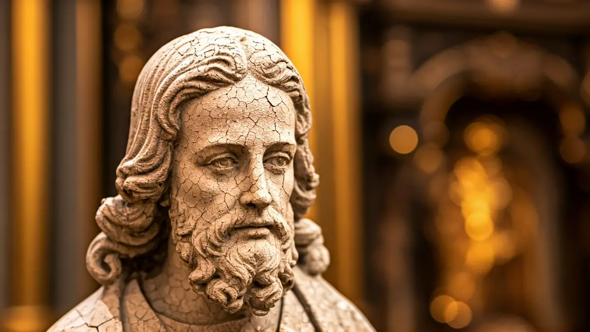 Imagen de una estatua religiosa de piedra con una grieta en el rostro, mostrando deterioro.