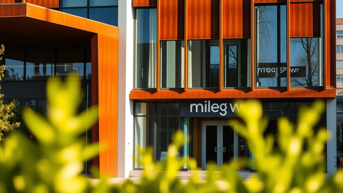 Fachada de un centro cultural con elementos de acero corten bajo la luz del sol.