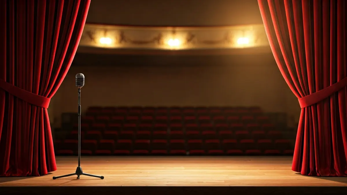 Imagen genérica de un escenario de teatro con cortinas rojas y un micrófono.
