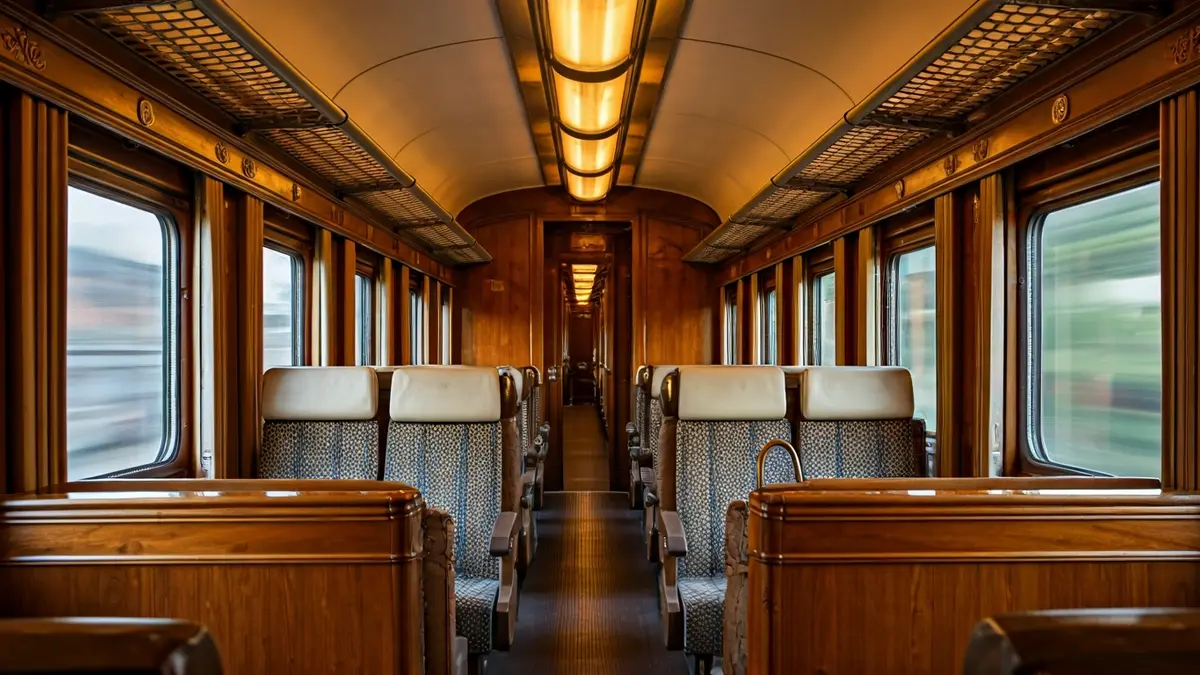 Generic image of a luxurious vintage train carriage, with comfortable seating and large windows.
