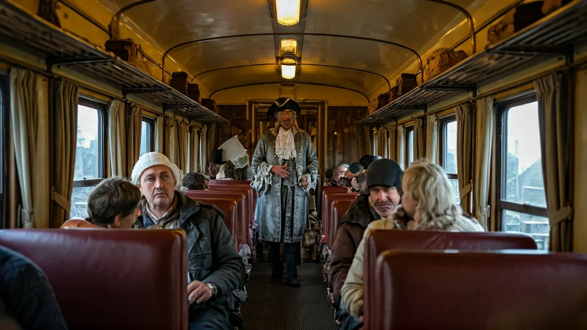 Actores caracterizados como personajes cervantinos en el interior de un tren.