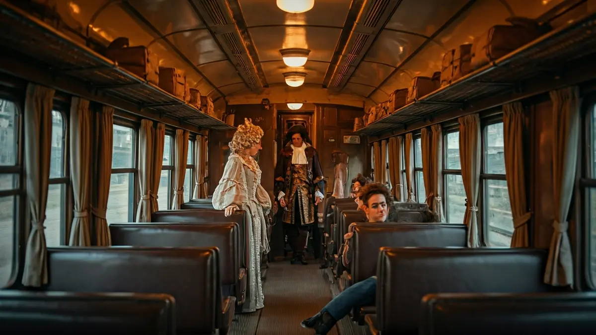 Actors dressed as Cervantes characters inside a train, interacting with passengers.