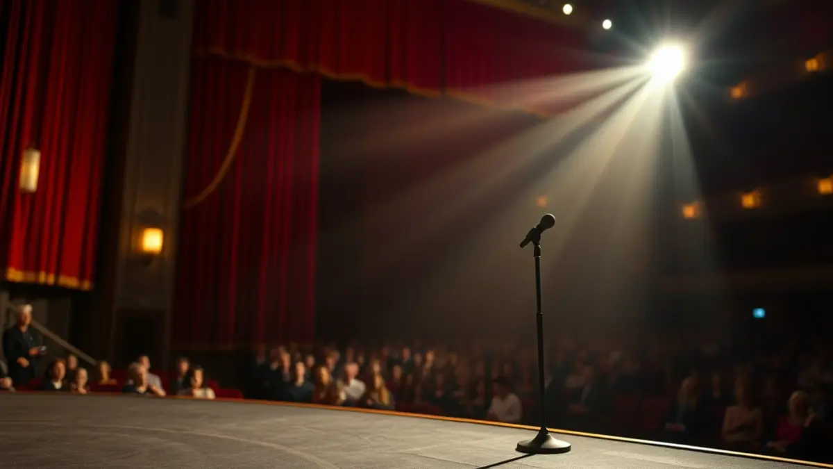 Imagen de un escenario de teatro vacío con un micrófono y cortinas rojas, evocando una gala de premios de cine.