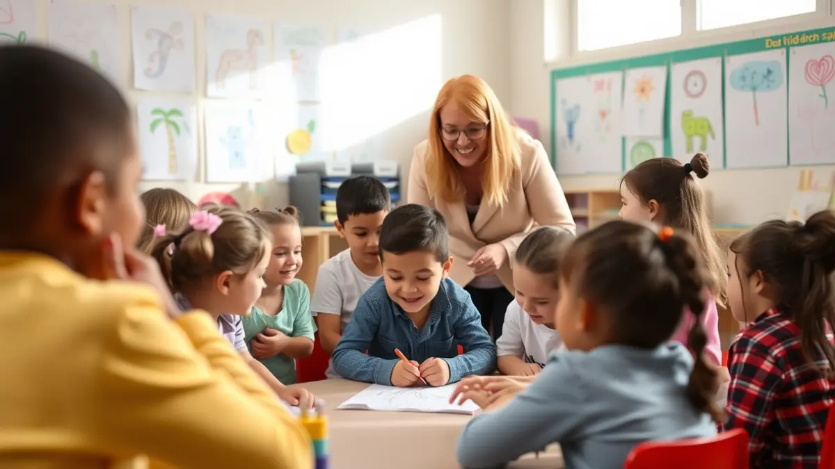 Imagen genérica de un aula con niños y una profesora.